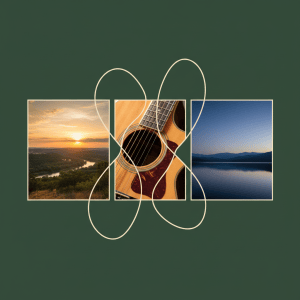 Collage of an acoustic guitar, golden Texas Hill Country sunset, and peaceful blue-hour landscape for the Relaxing Guitar Collection by Jackson Eli